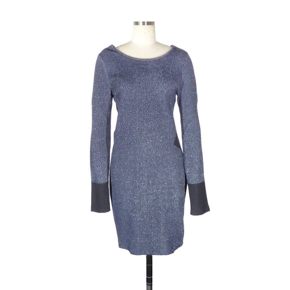 Maje Navy Metallic Knit Long Sleeve Dress